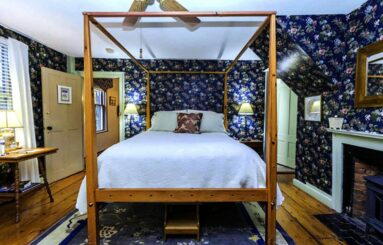 bedroom with dark blue floral wallpaper, 4-poster bed