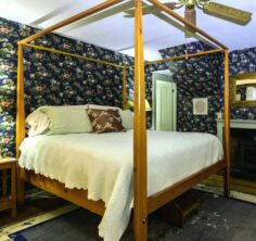 bedroom with dark blue floral wallpaper, 4-poster bed